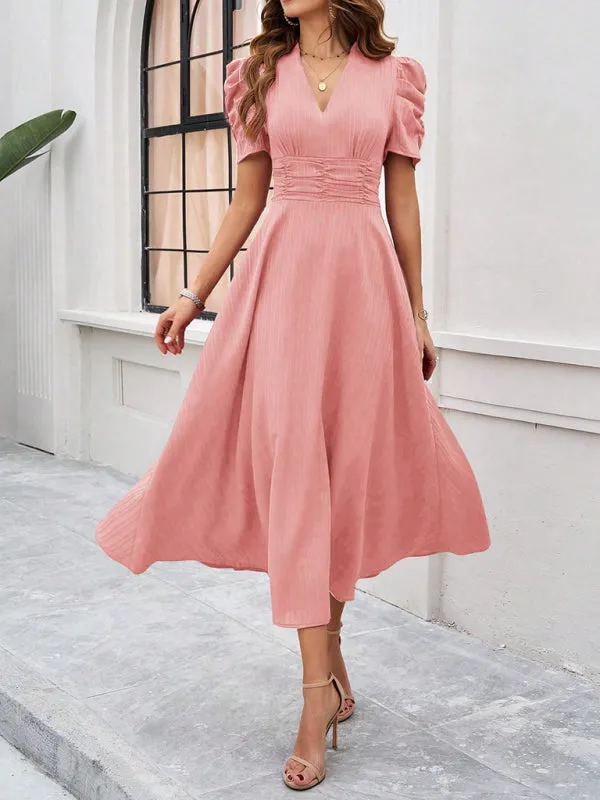 Tailored A-Line V-Neck Puff Sleeve Midi Cocktail Dress