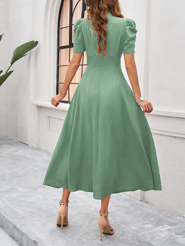 Tailored A-Line V-Neck Puff Sleeve Midi Cocktail Dress