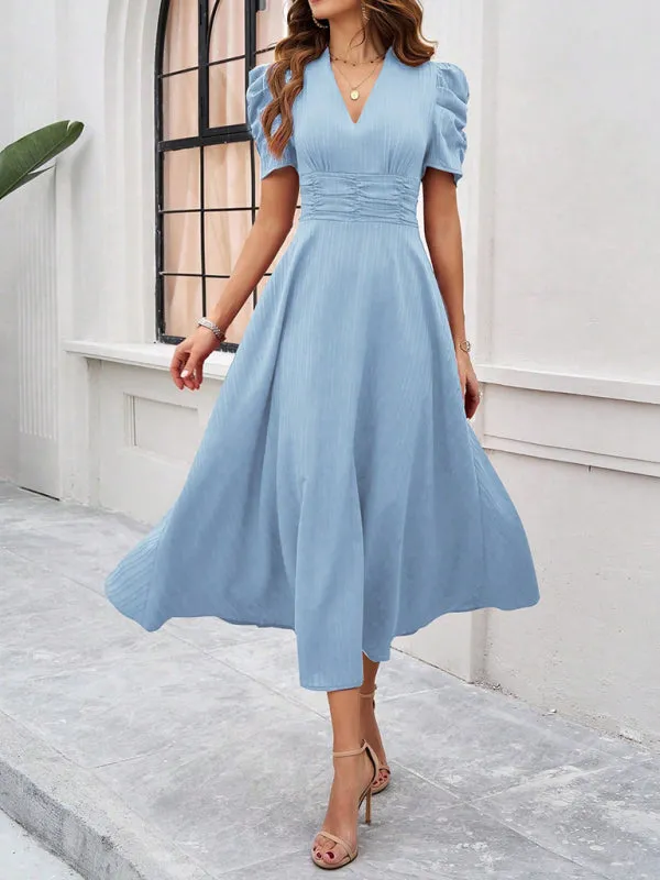 Tailored A-Line V-Neck Puff Sleeve Midi Cocktail Dress
