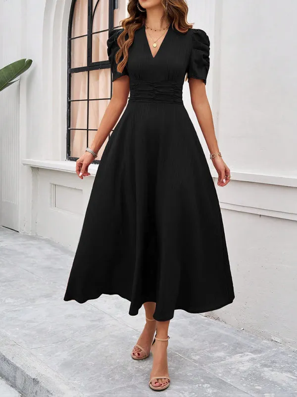Tailored A-Line V-Neck Puff Sleeve Midi Cocktail Dress