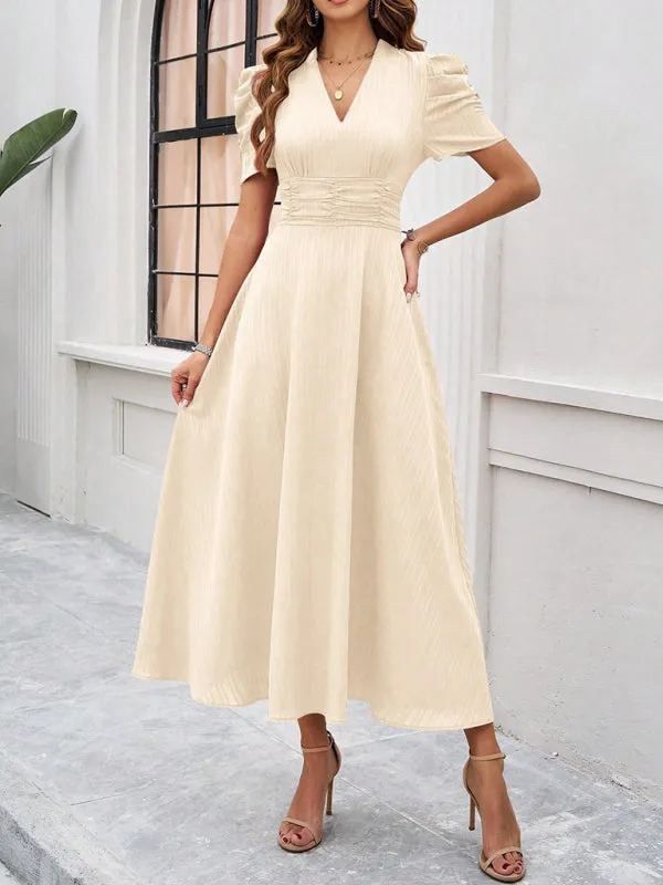 Tailored A-Line V-Neck Puff Sleeve Midi Cocktail Dress