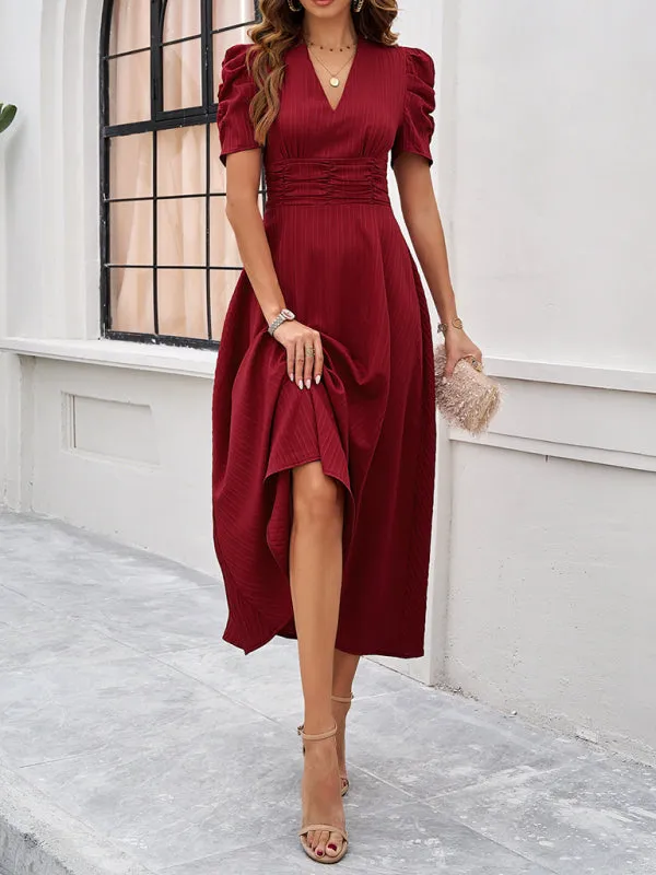 Tailored A-Line V-Neck Puff Sleeve Midi Cocktail Dress
