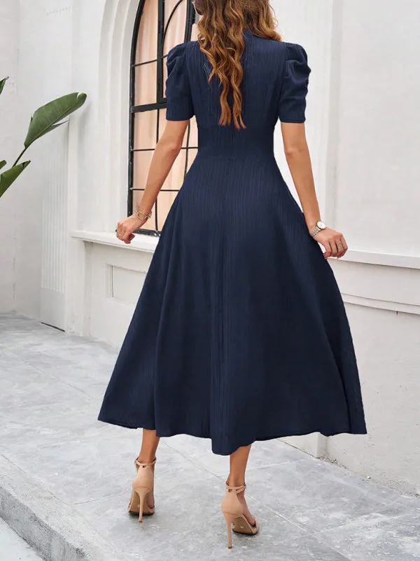 Tailored A-Line V-Neck Puff Sleeve Midi Cocktail Dress
