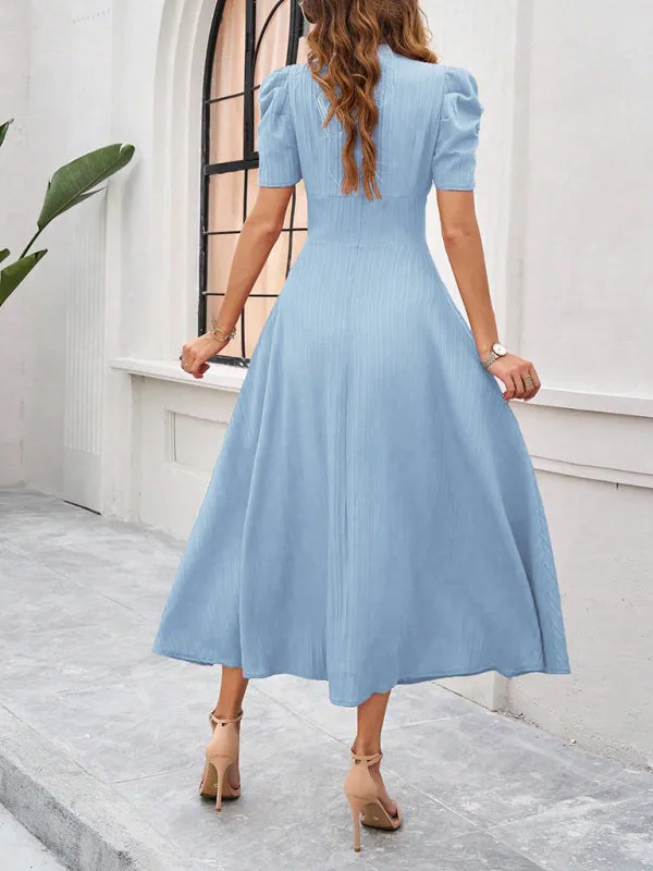 Tailored A-Line V-Neck Puff Sleeve Midi Cocktail Dress