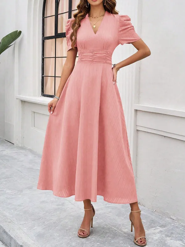 Tailored A-Line V-Neck Puff Sleeve Midi Cocktail Dress