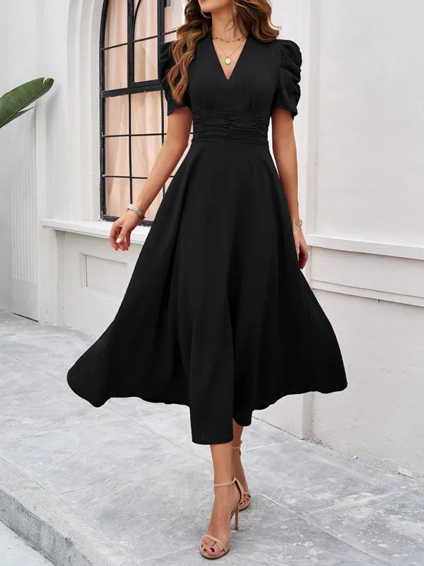 Tailored A-Line V-Neck Puff Sleeve Midi Cocktail Dress