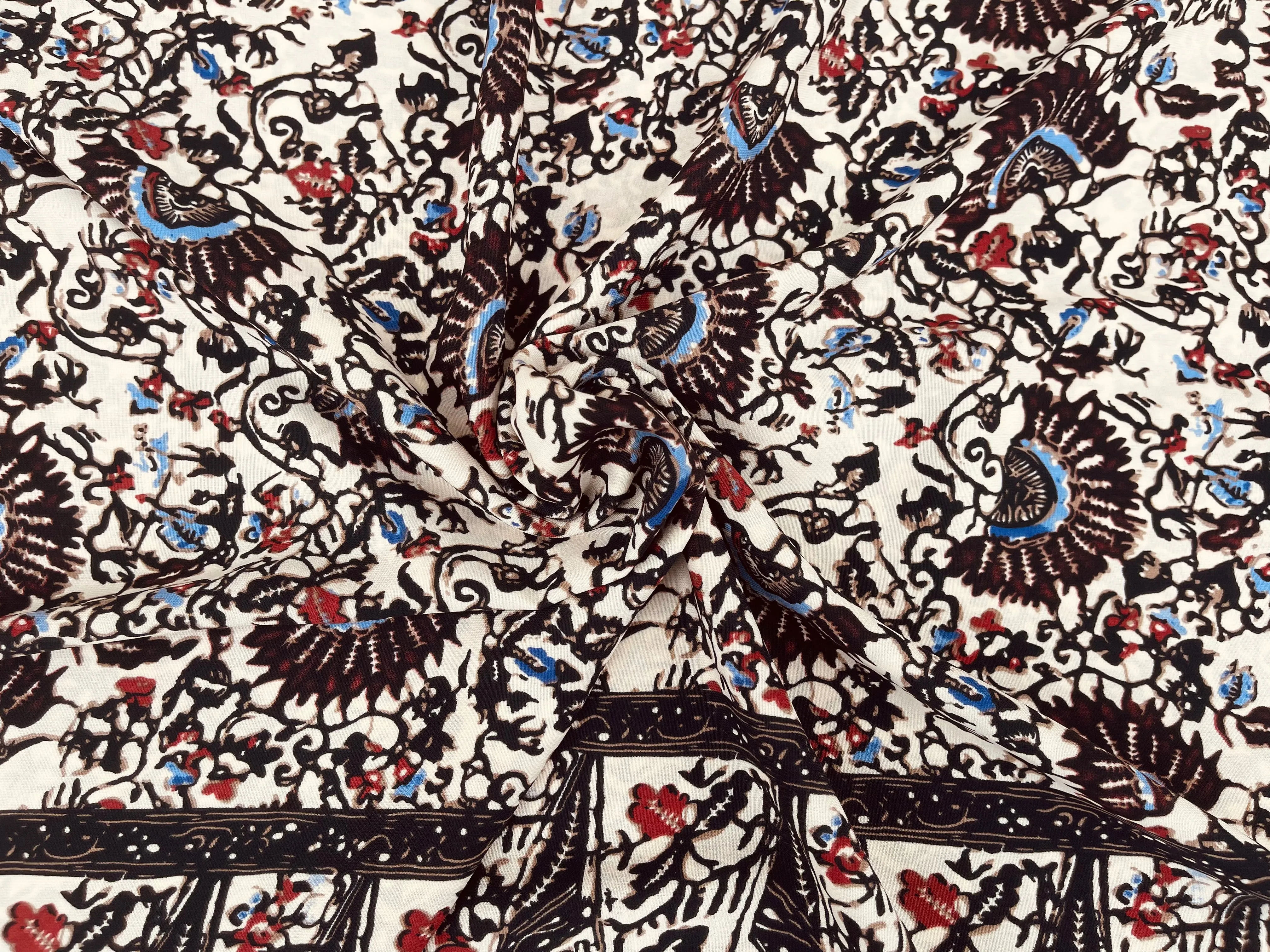 Tribal Boho Woolpeach  fabric by the yard - Floral border brown blue print