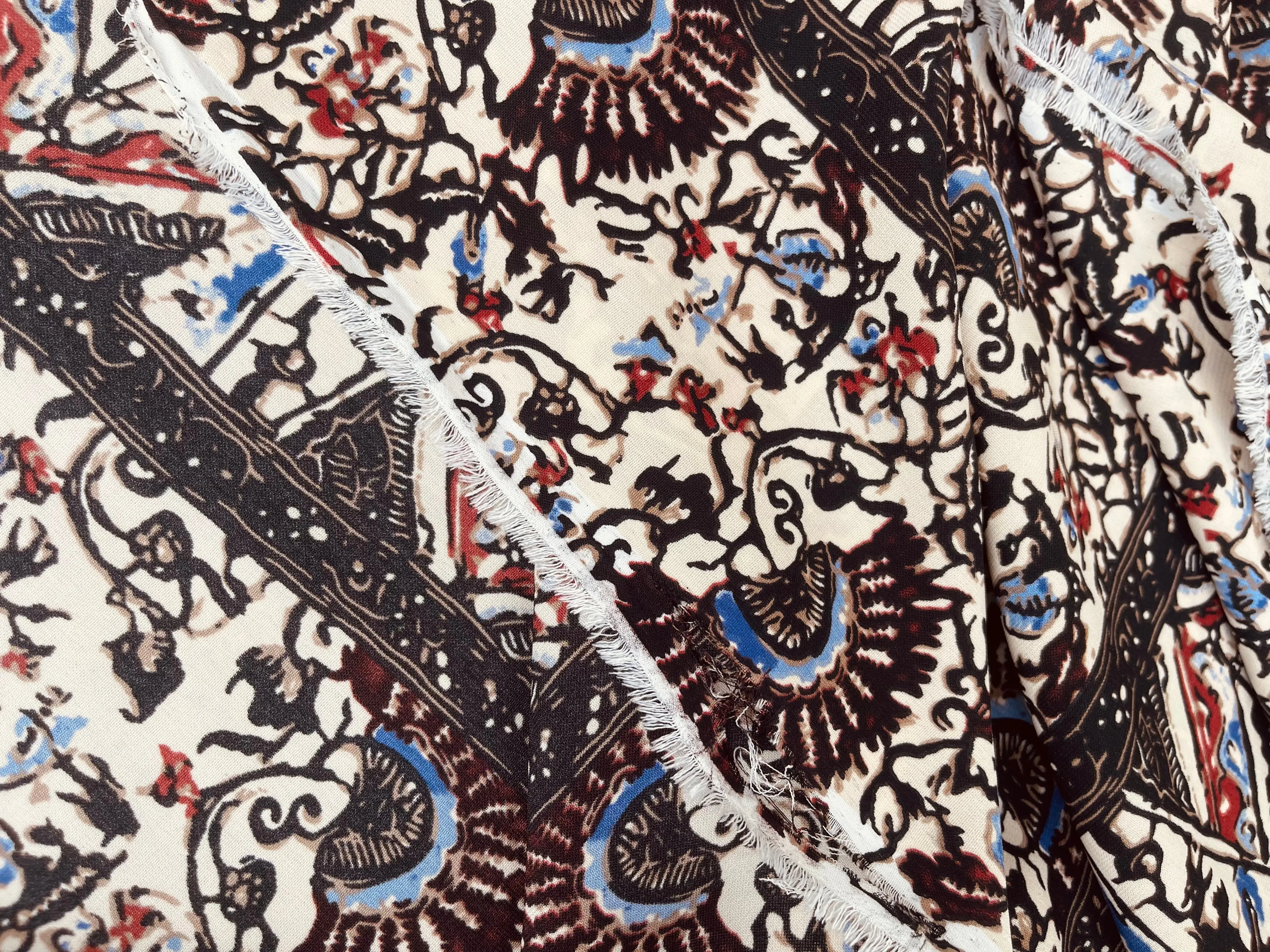 Tribal Boho Woolpeach  fabric by the yard - Floral border brown blue print